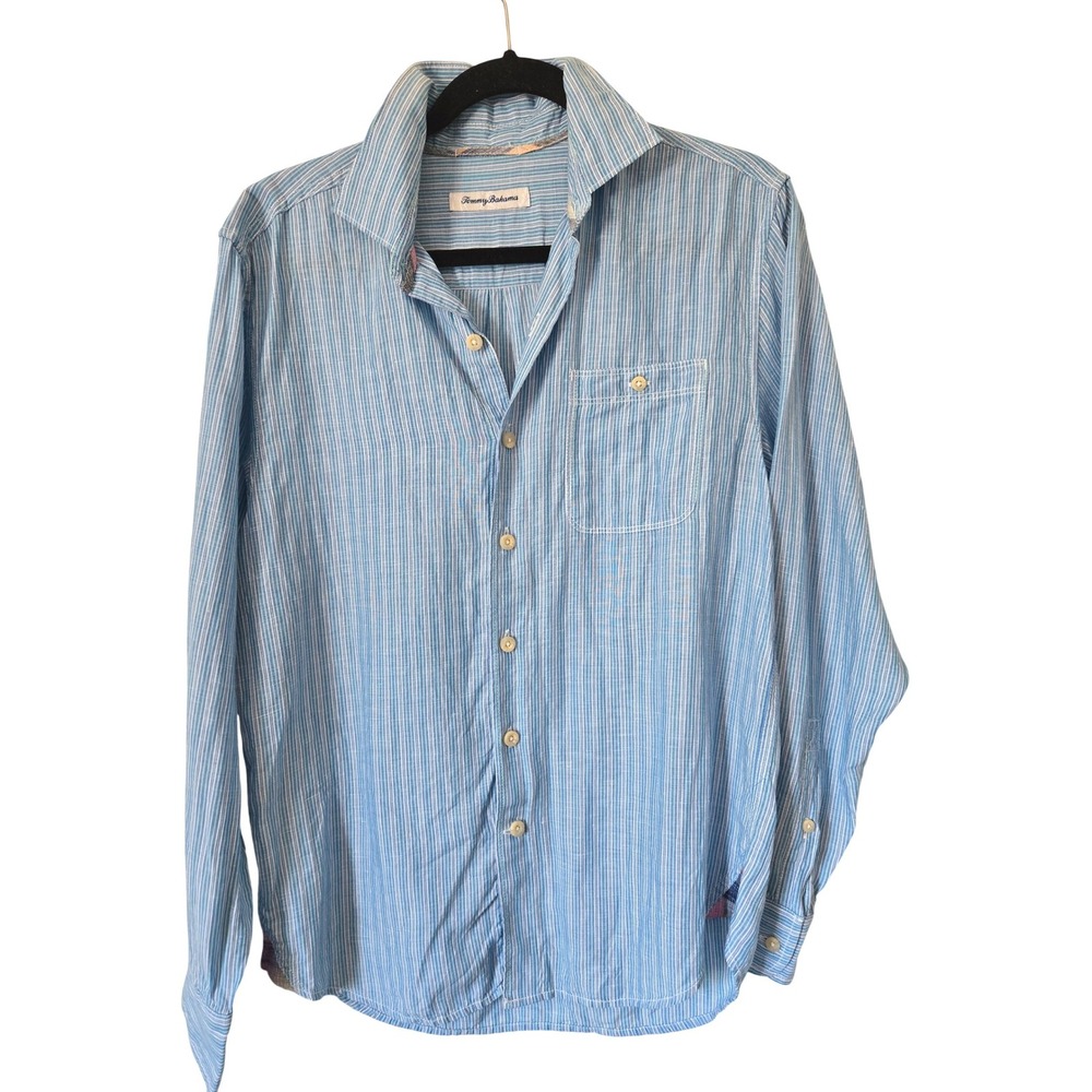 Tommy Bahama‎ Mens Small Blue Striped Linen Tencel Long Sleeve Button Down Shirt